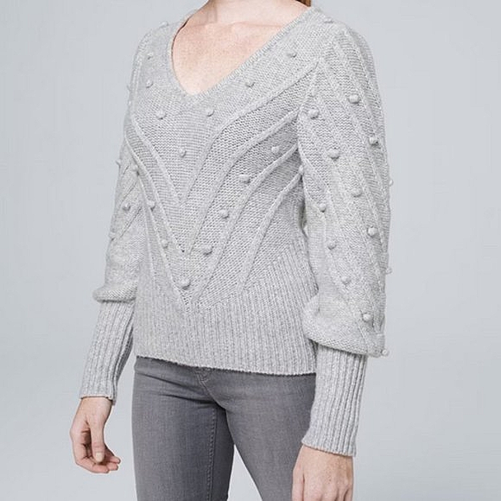 White House Black Market Embroidered V-neck Sweater with Puff Sleeves size XS